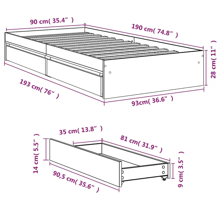 Cadre de lit avec tiroirs sans matelas chêne fumé 90x190 cm - 10