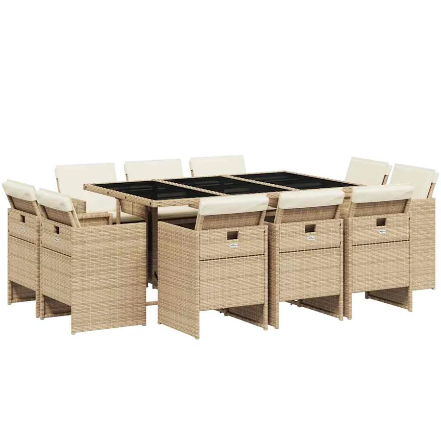 Ensemble à manger de jardin et coussins 11 pcs beige poly rotin - 2