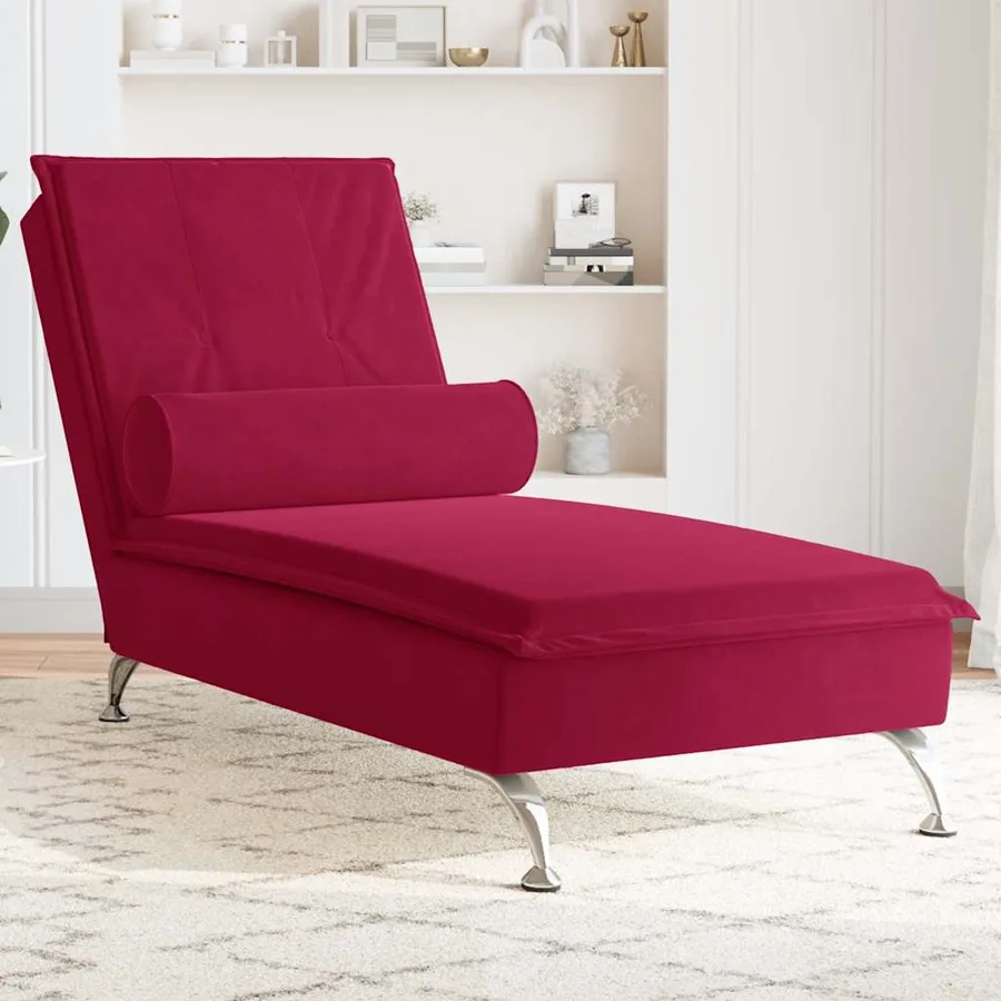 Chaise longue de massage avec traversin rouge bordeaux velours - 3