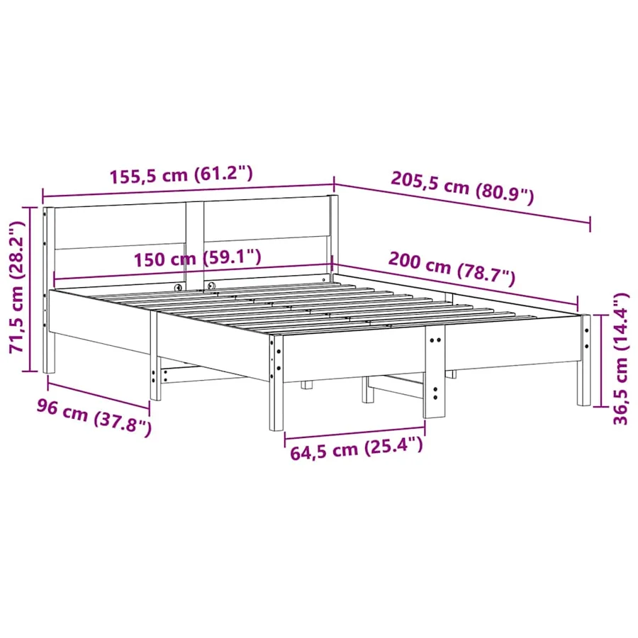 Cadre de lit sans matelas blanc 150x200 cm bois de pin massif - 9