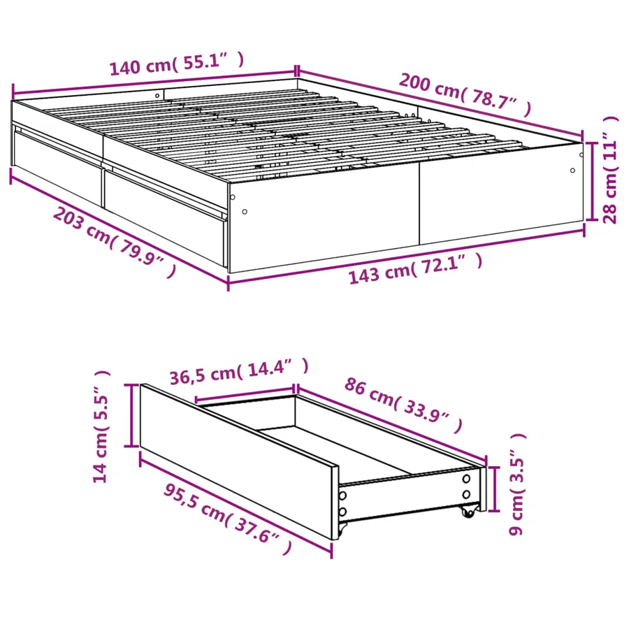 Cadre de lit avec tiroirs sans matelas blanc 140x200 cm - 10
