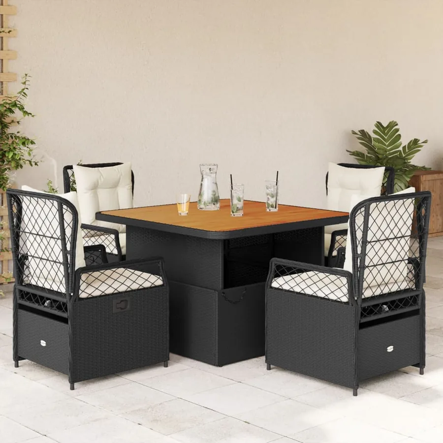 Ensemble à manger de jardin coussins 5pcs Noir Résine tressée