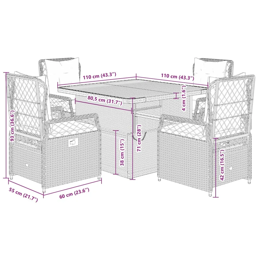 Ensemble à manger de jardin coussins 5pcs Noir Résine tressée - 9