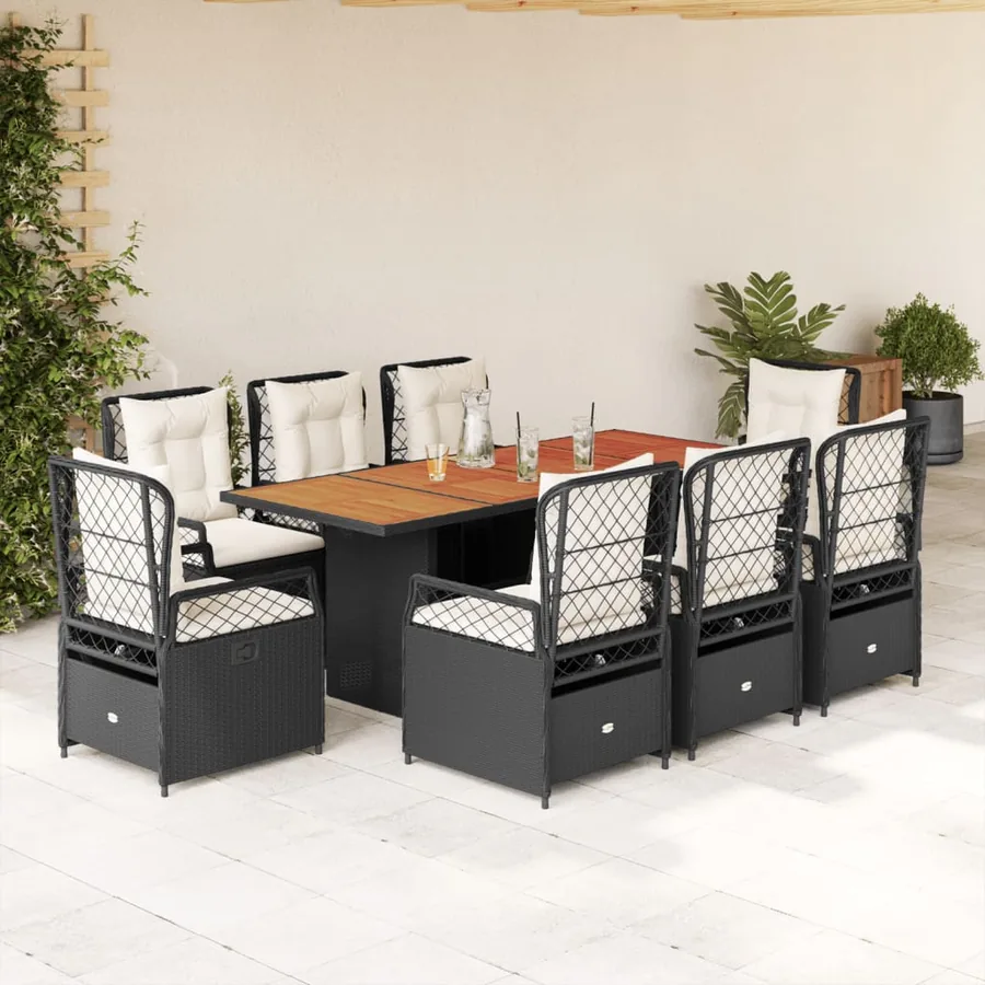 Ensemble à manger de jardin 9pcs coussins noir résine tressée