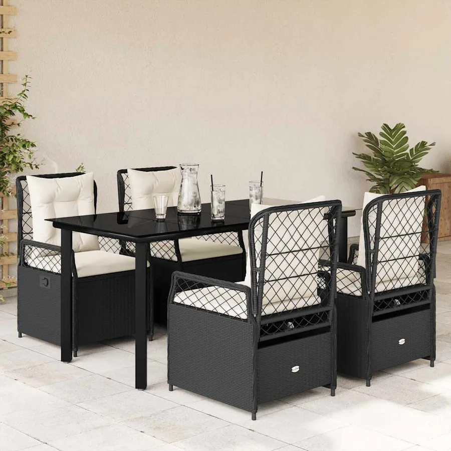 Ensemble à manger de jardin coussins 5pcs Noir Résine tressée
