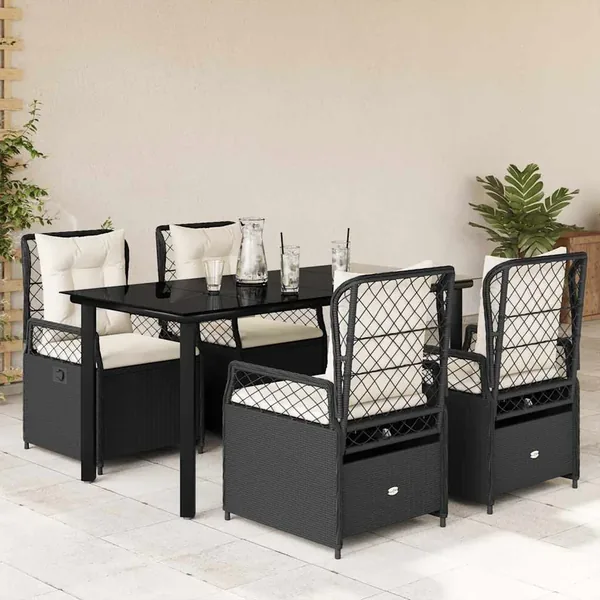 Ensemble à manger de jardin coussins 5pcs Noir Résine tressée