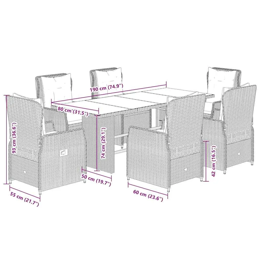 Ensemble à manger de jardin et coussins 7 pcs gris rotin - 8