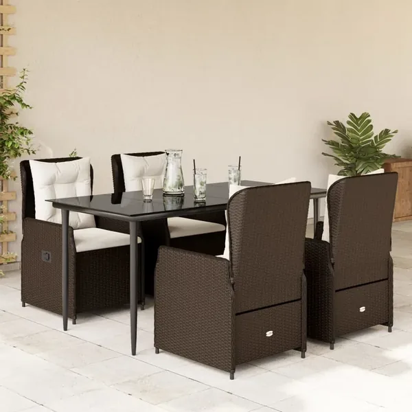 Ensemble à manger de jardin 5 pcs et coussins marron poly rotin