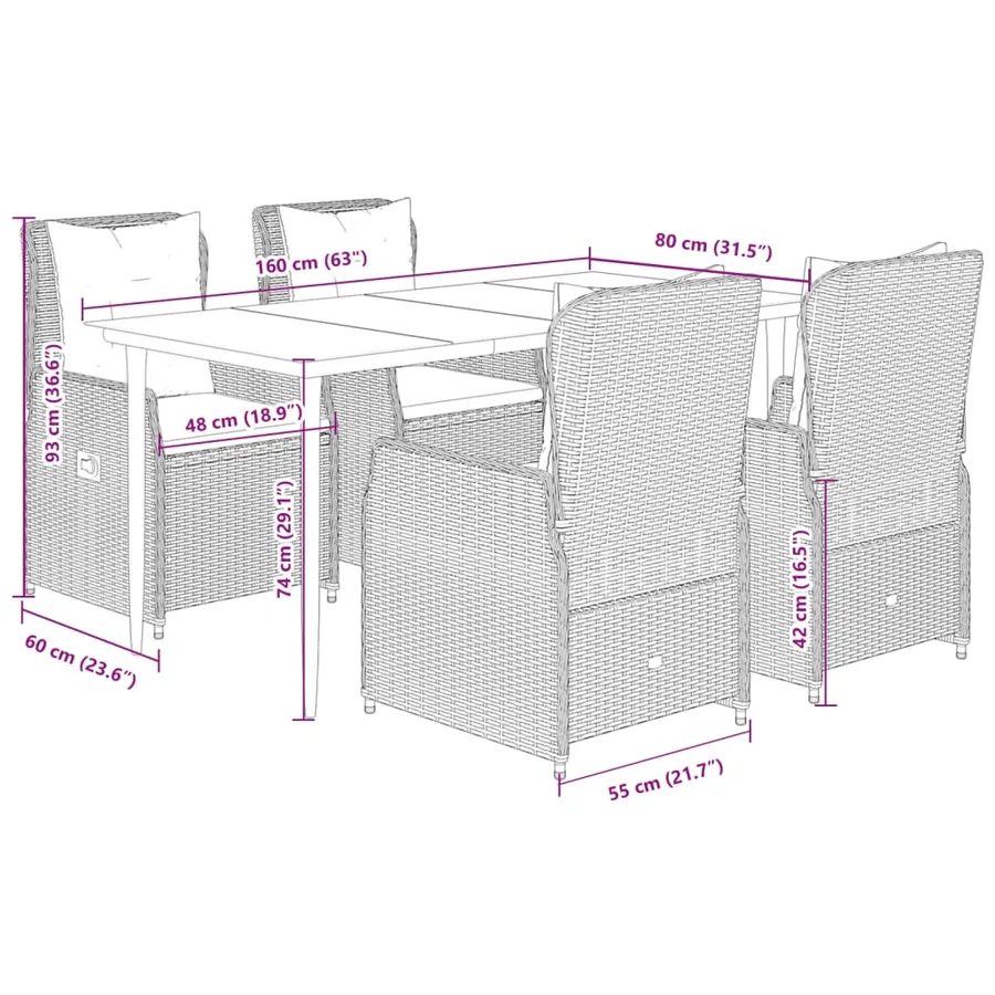 Ensemble à manger de jardin 5 pcs et coussins marron poly rotin - 8