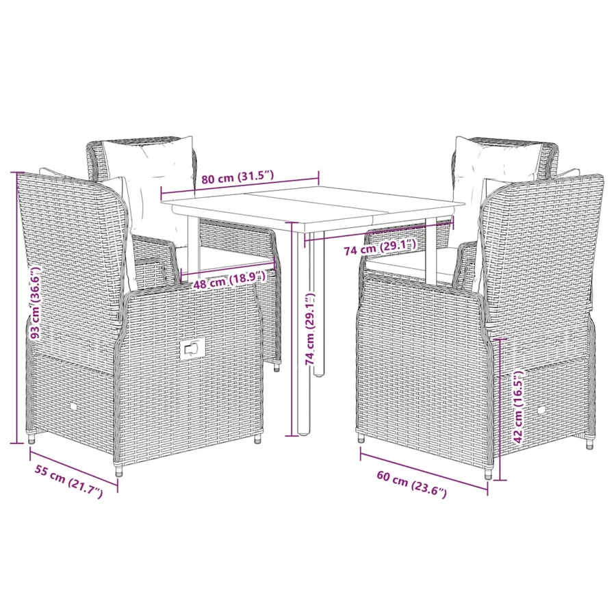 Ensemble à manger de jardin 5 pcs et coussins marron poly rotin - 8