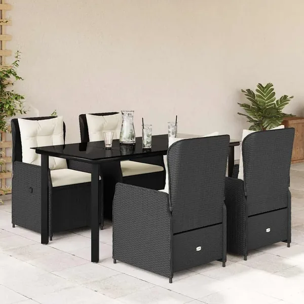 Ensemble à manger de jardin coussins 5pcs Noir Résine tressée