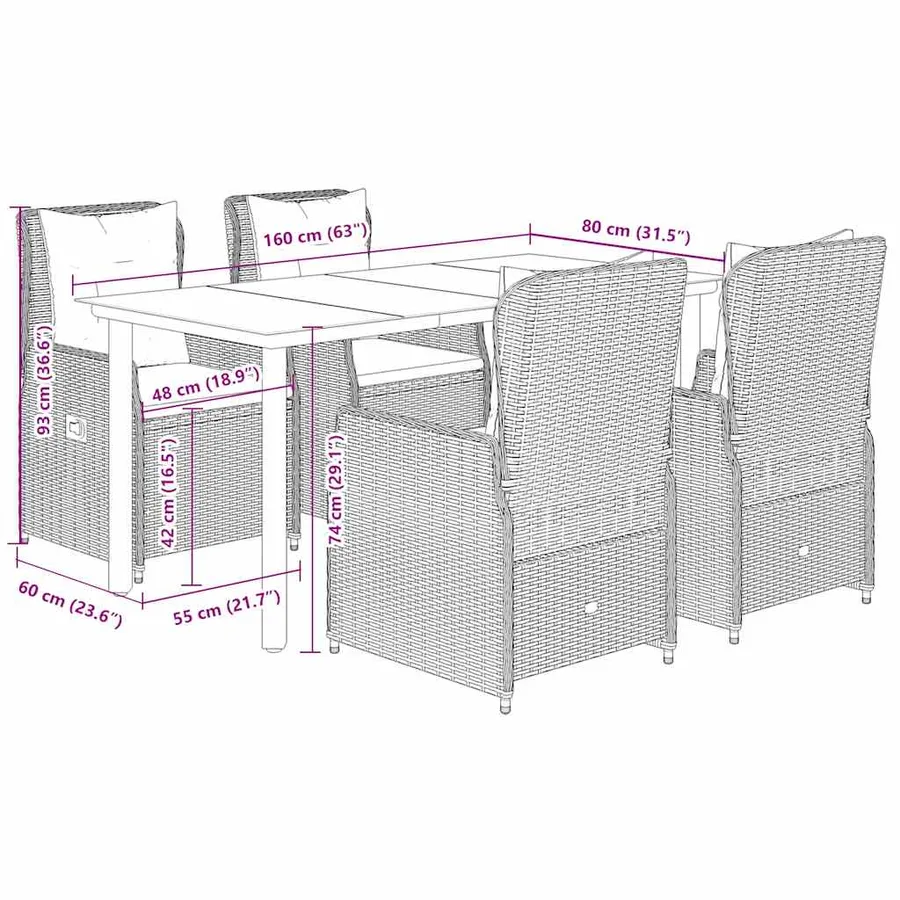 Ensemble à manger de jardin coussins 5pcs Noir Résine tressée - 8