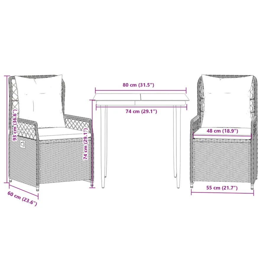 Ensemble à manger de jardin 3 pcs et coussins marron poly rotin - 8