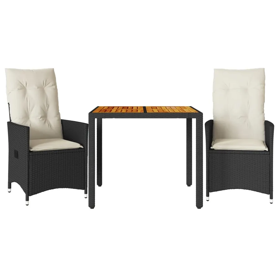 Ensemble de bistro 3 pcs et coussins noir résine tressée acacia - 2