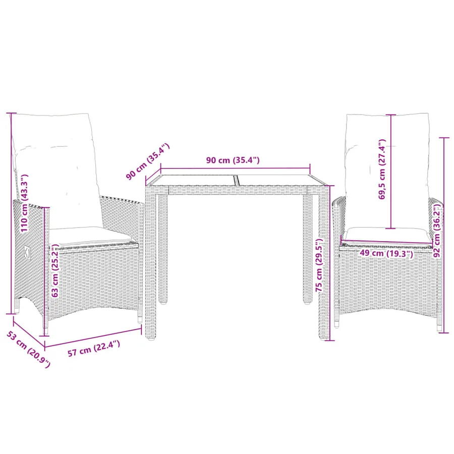 Ensemble de bistro 3 pcs et coussins noir résine tressée acacia - 7