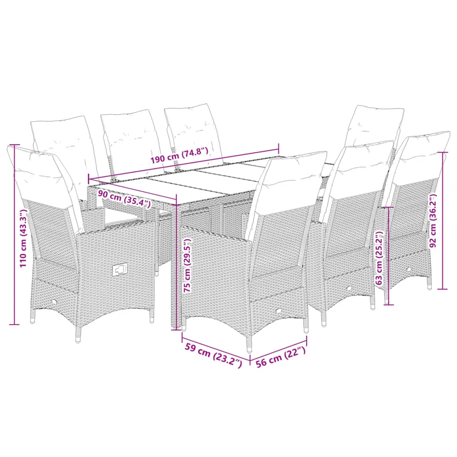 Ensemble à manger de jardin 9pcs coussins noir résine tressée - 8