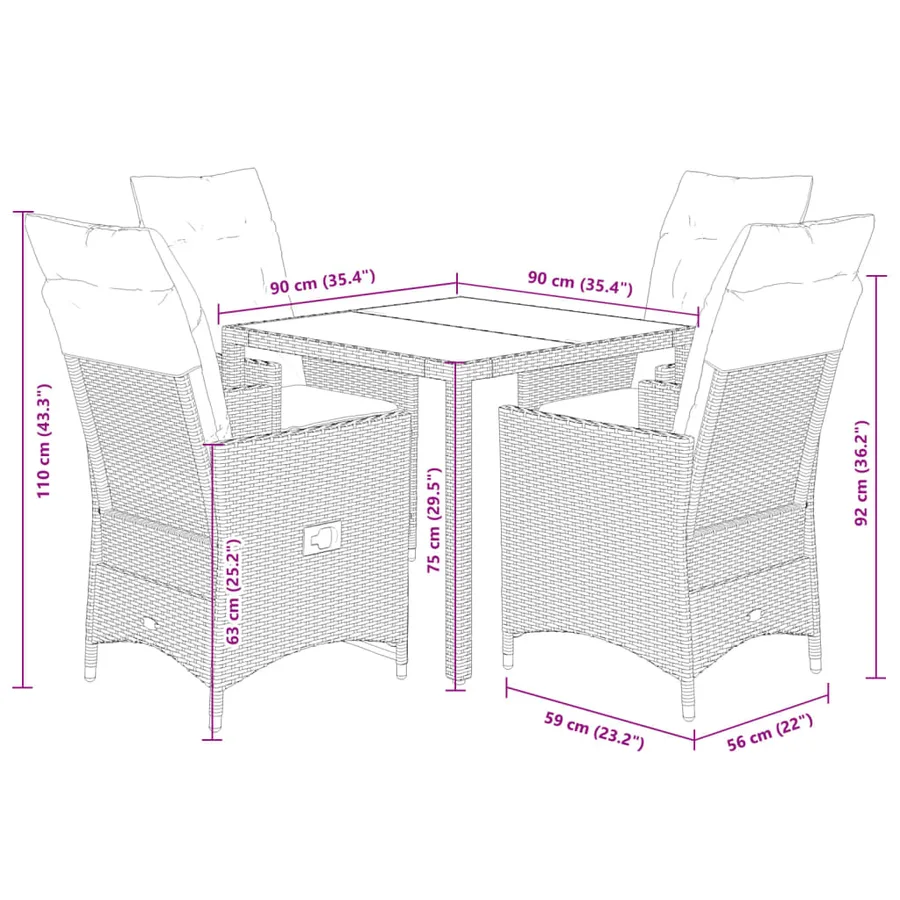 Ensemble à manger de jardin coussins 5pcs Noir Résine tressée - 9