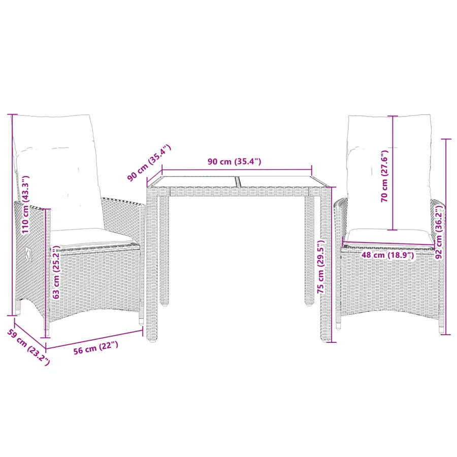 Ensemble de bistro 3 pcs avec coussins noir résine tressée - 7