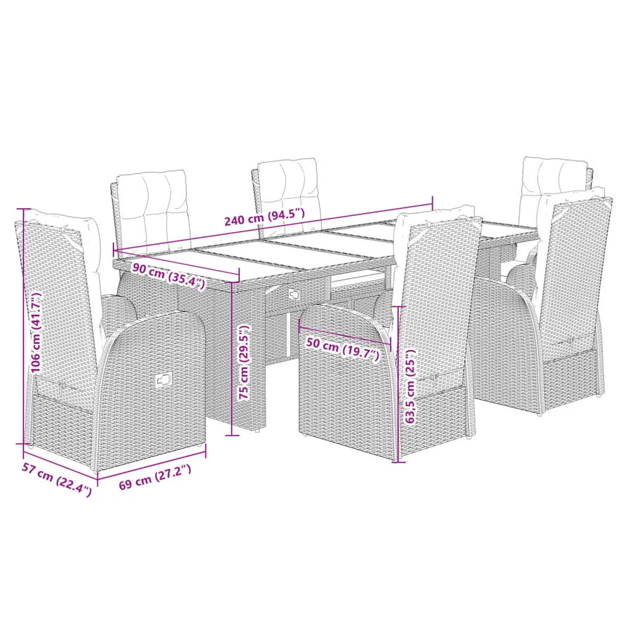 Ensemble à manger de jardin coussins 7 pcs noir résine tressée - 7