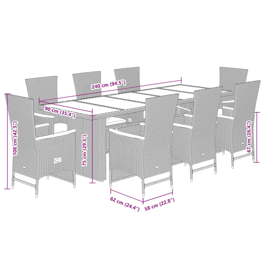 Ensemble à manger de jardin 9pcs coussins noir résine tressée - 7