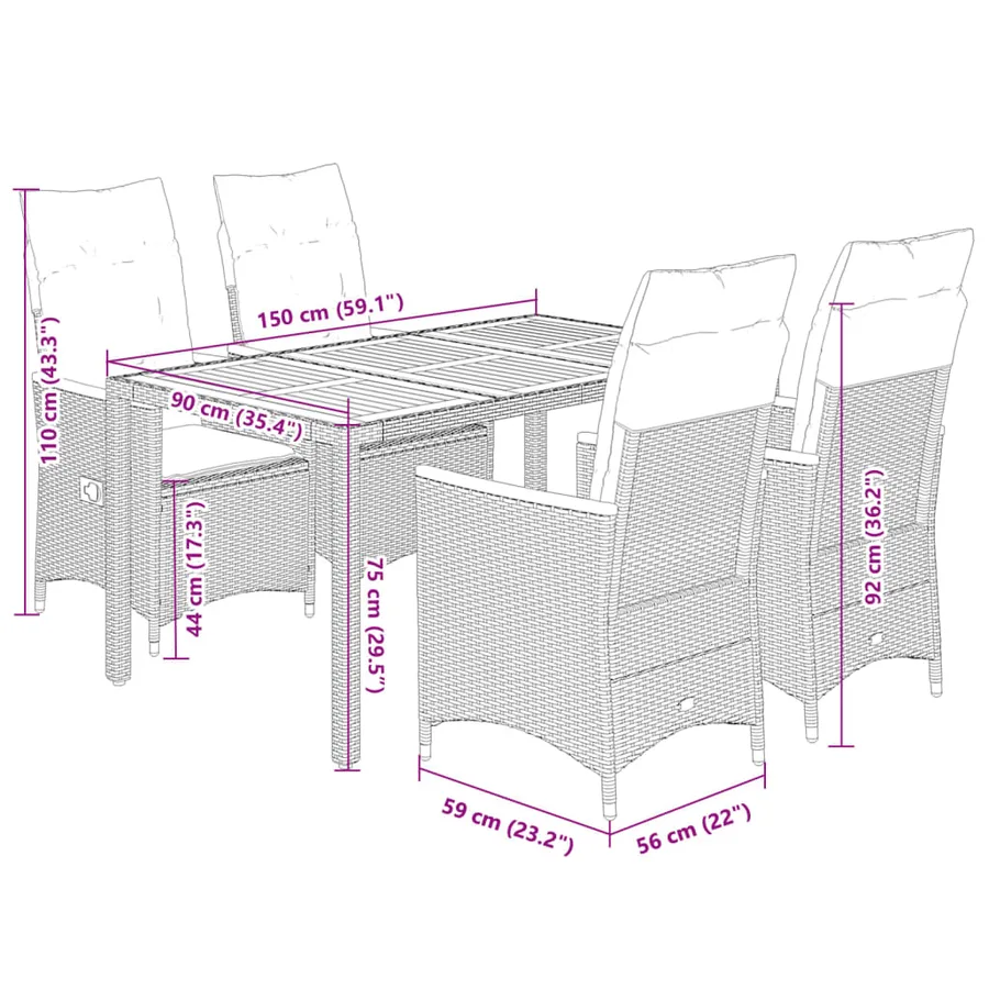 Ensemble à manger de jardin 5 pcs coussins gris résine tressée - 7