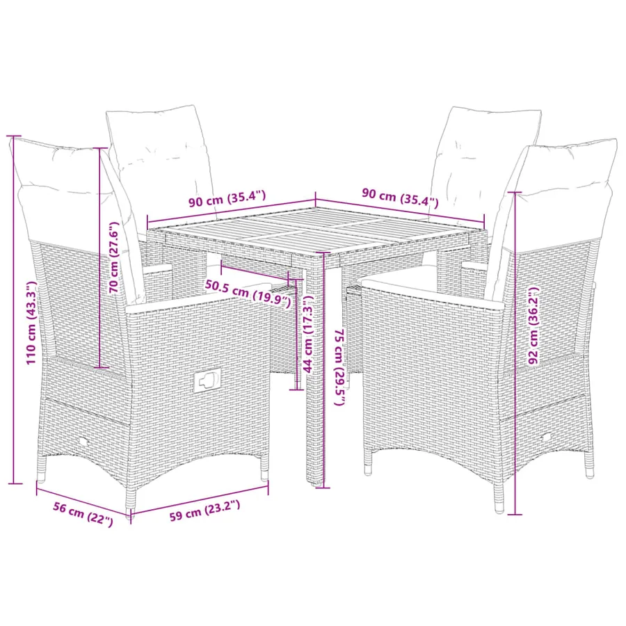 Ensemble à manger de jardin 5 pcs coussins gris résine tressée - 7