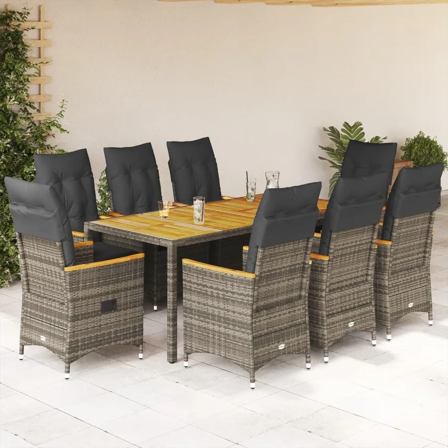 Ensemble à manger de jardin 9 pcs coussins gris résine tressée