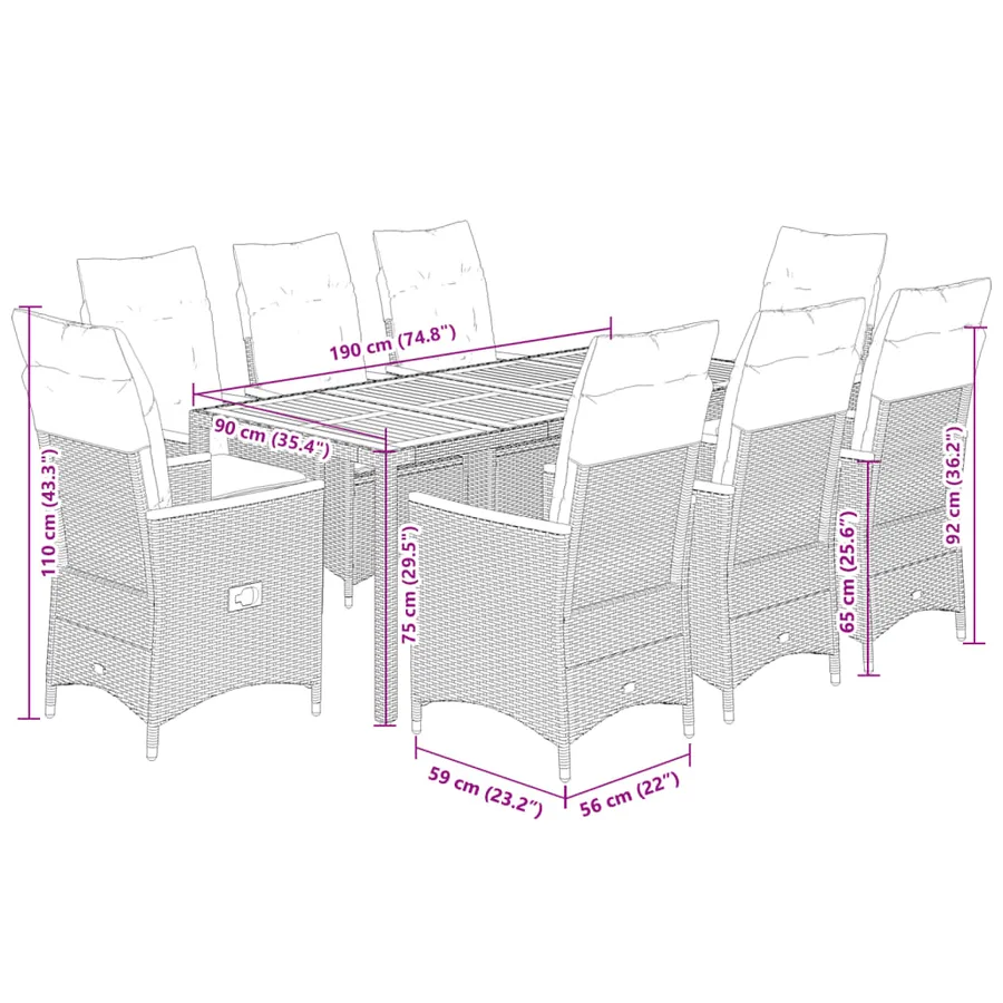 Ensemble à manger de jardin 9 pcs coussins gris résine tressée - 7