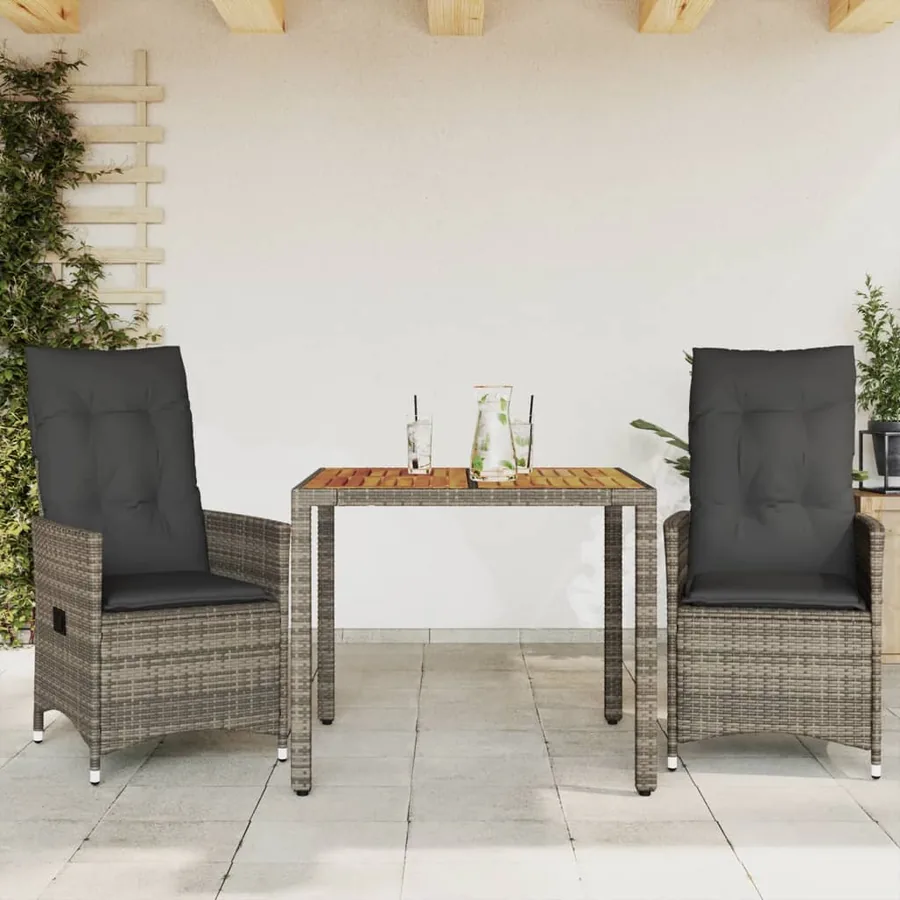 Ensemble de bistro 3 pcs avec coussins gris résine tressée