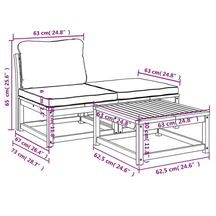 Salon de jardin 3 pcs avec coussins bois massif d'acacia - 8