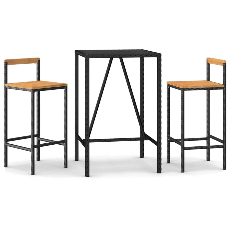 Ensemble de bar jardin 3 pcs noir poly rotin/bois massif acacia - 2
