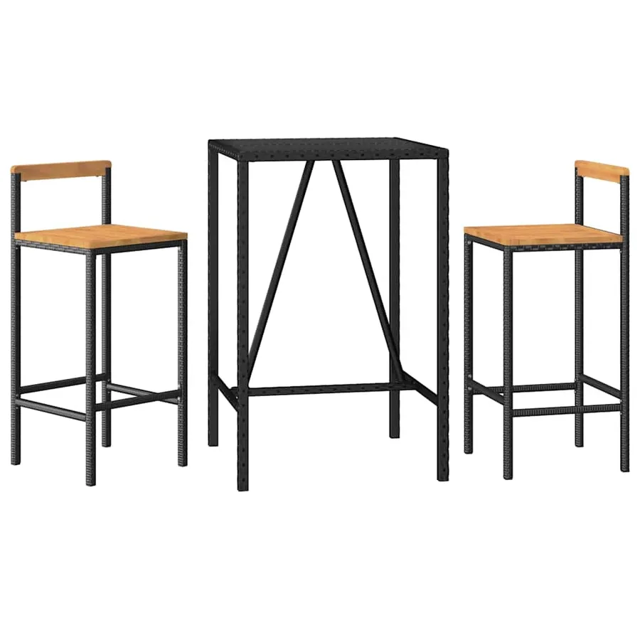 Ensemble de bar jardin 3 pcs noir poly rotin/bois massif acacia - 3