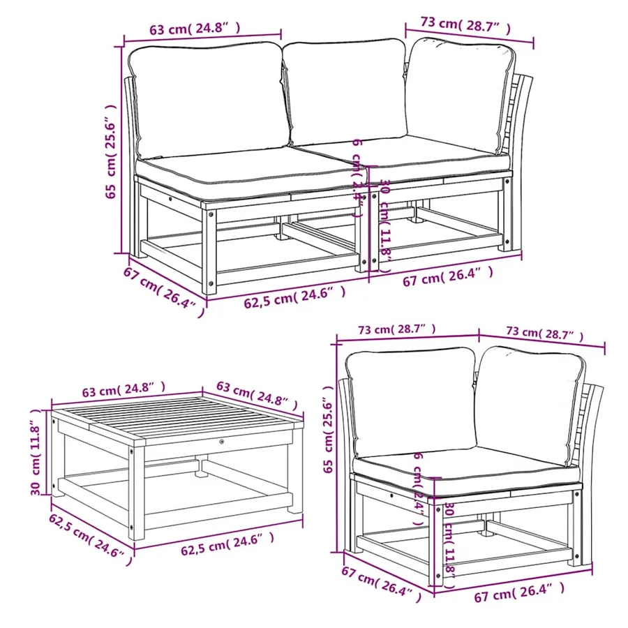 Salon de jardin 6 pcs avec coussins bois d'acacia solide - 9