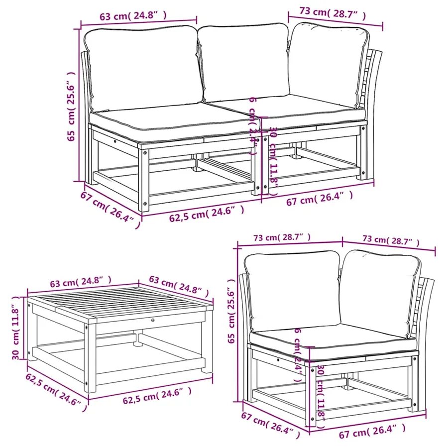 Salon de jardin 6 pcs avec coussins bois d'acacia solide - 9