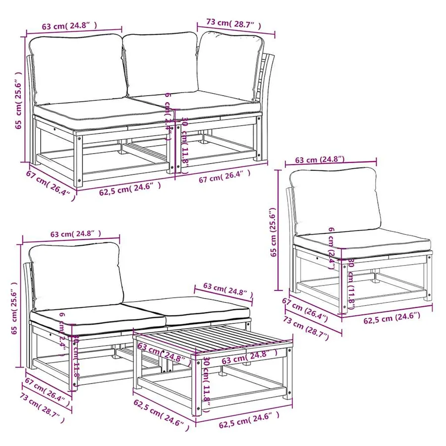 Salon de jardin 6 pcs avec coussins bois d'acacia solide - 9