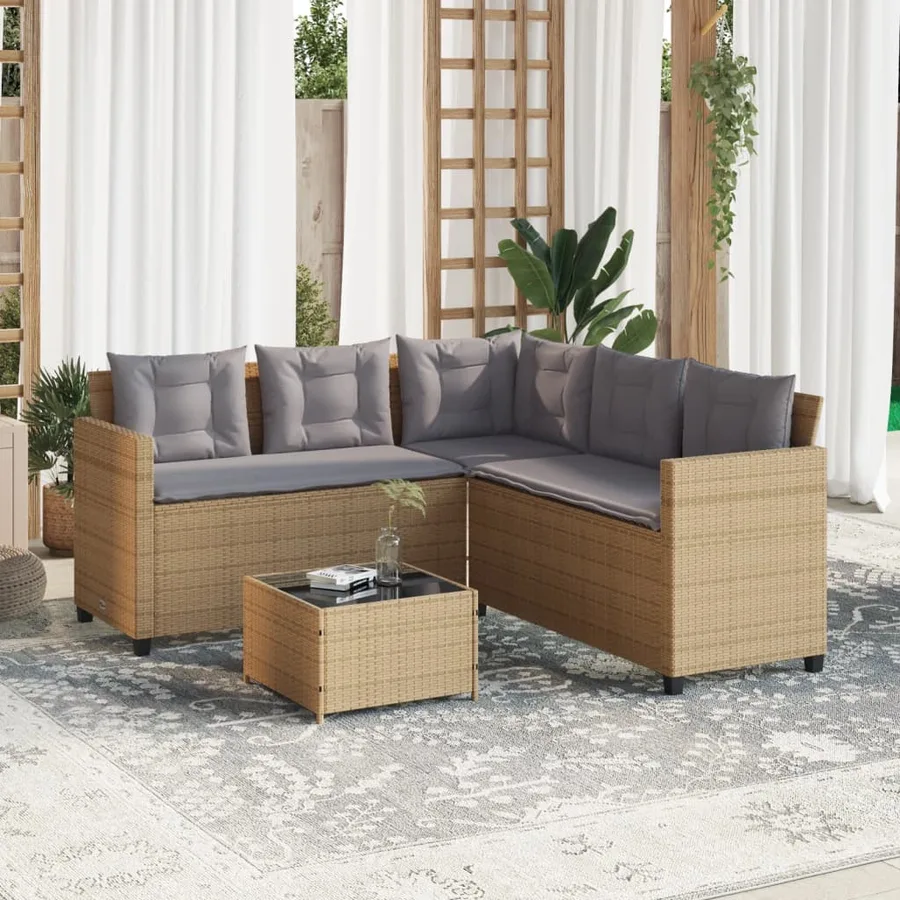 Canapé de jardin avec table et coussins en forme de L beige - 3