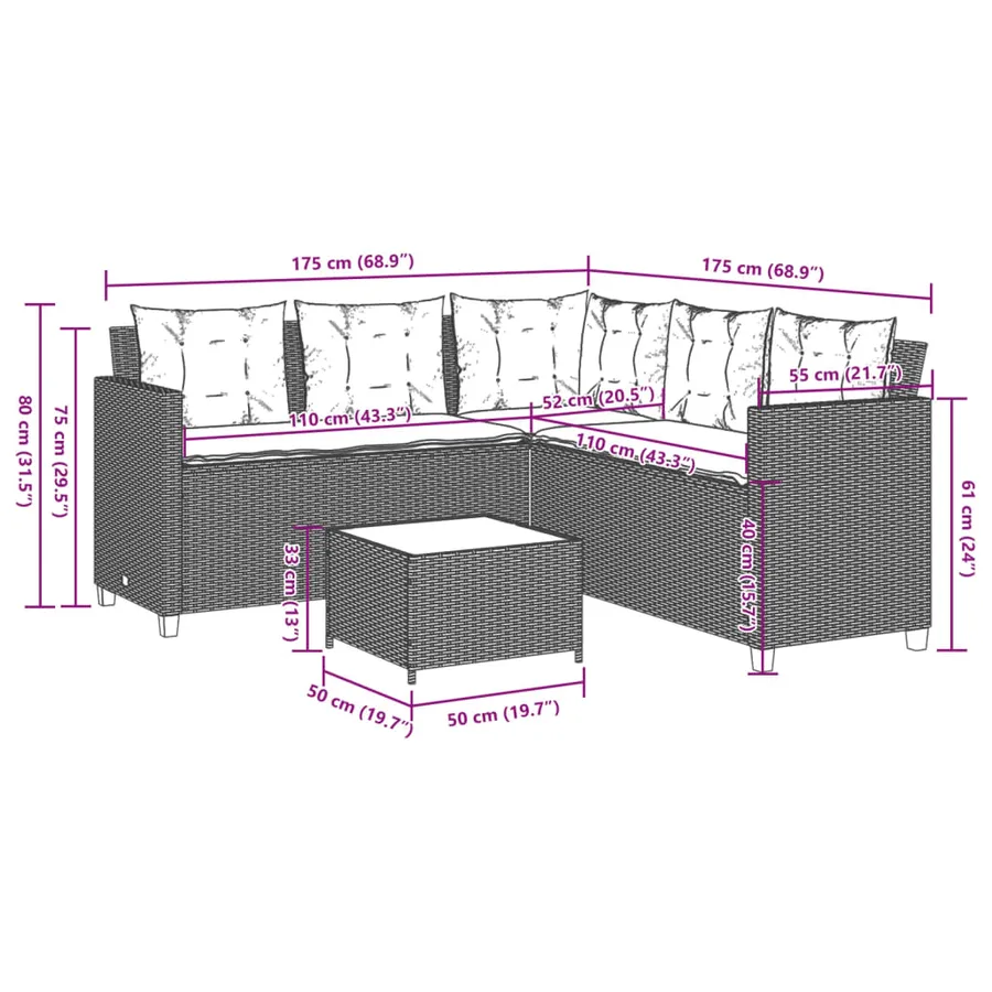 Canapé de jardin avec table et coussins en forme de L gris - 11