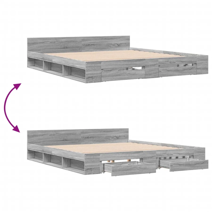 Cadre de lit avec tiroirs sans matelas sonoma gris 200x200 cm - 7