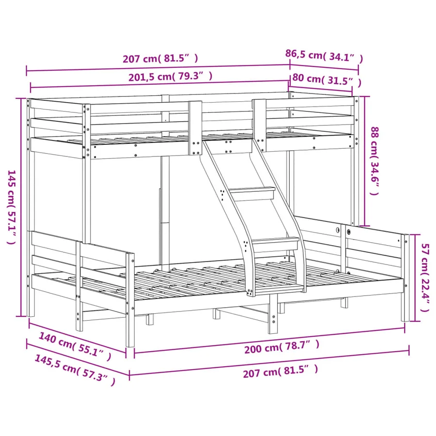 Lit superposé sans matelas 80x200/140x200 cm blanc bois massif - 9