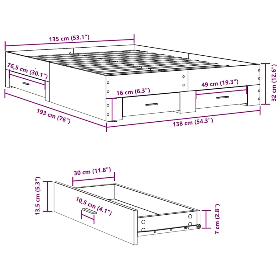 Cadre de lit avec tiroirs sans matelas chêne fumé 135x190 cm - 10