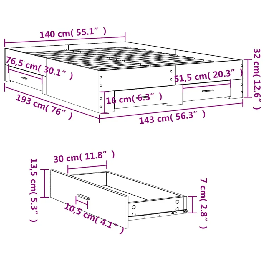 Cadre de lit avec tiroirs sans matelas noir 140x190 cm - 10