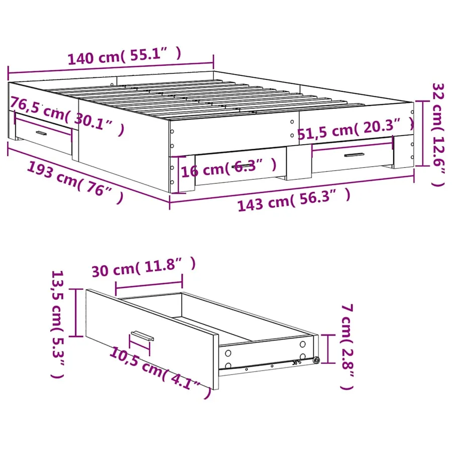 Cadre de lit avec tiroirs sans matelas chêne fumé 140x190 cm - 10