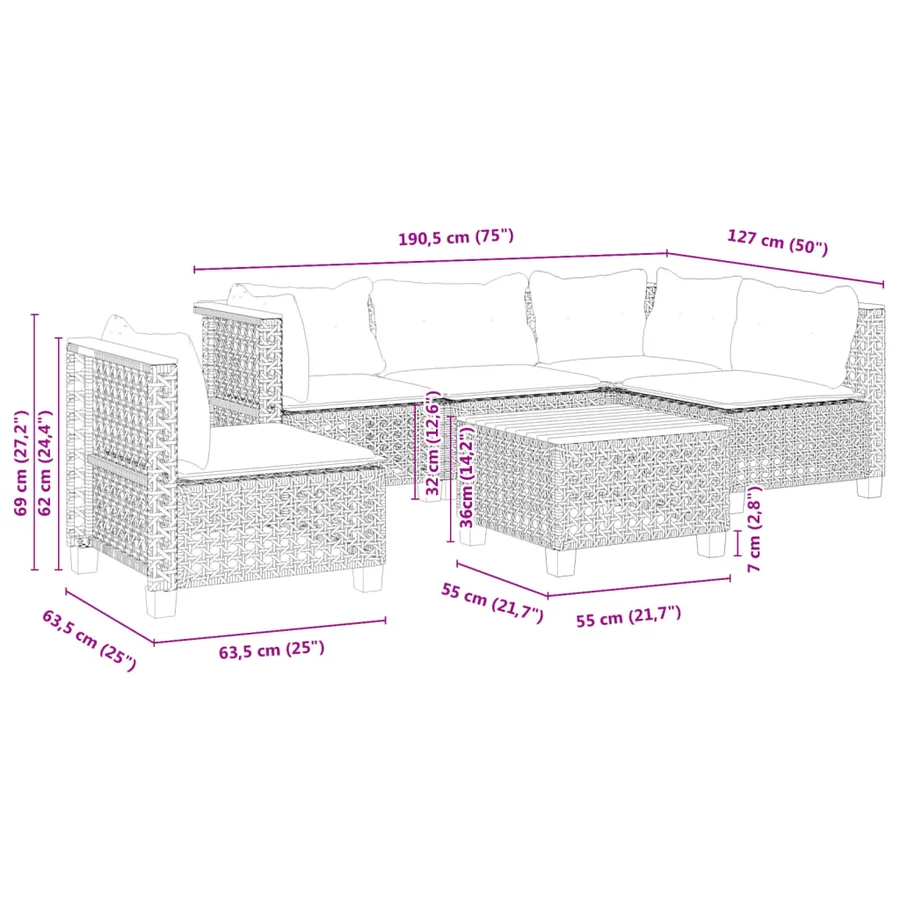 Salon de jardin 6 pcs avec coussins noir résine tressée - 8