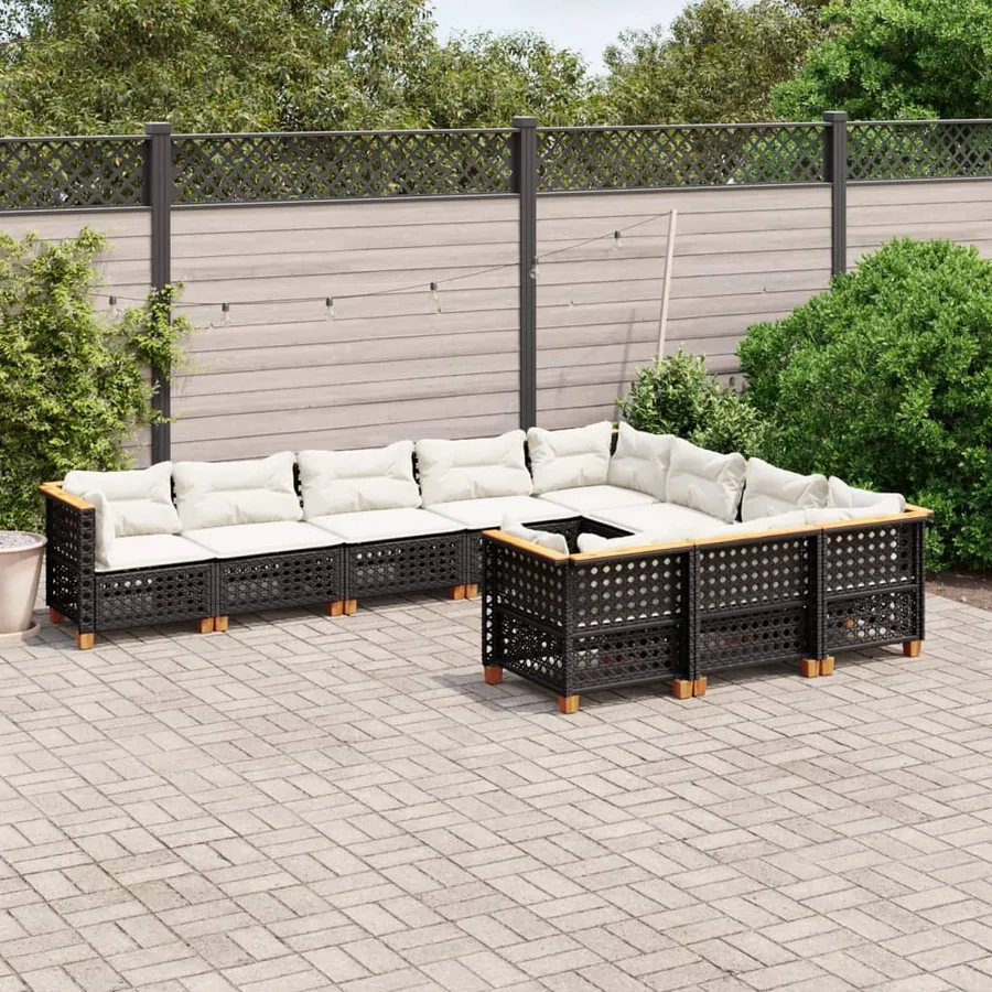 Salon de jardin 10 pcs avec coussins noir résine tressée