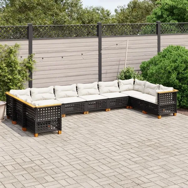 Salon de jardin 10 pcs avec coussins noir résine tressée