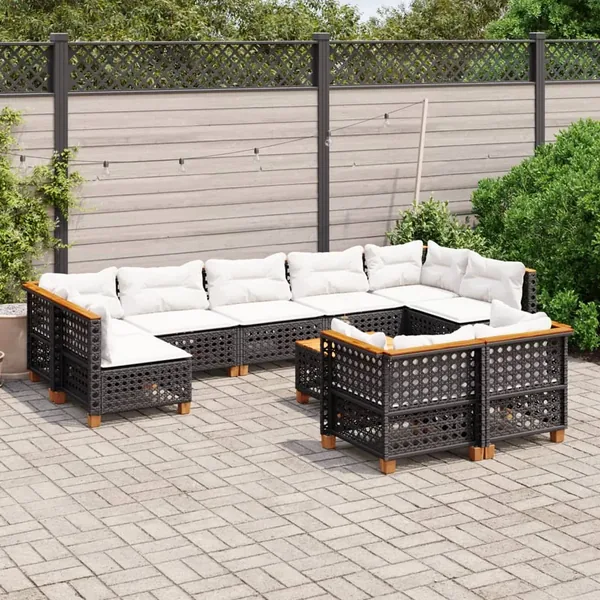 Salon de jardin 10 pcs avec coussins noir résine tressée