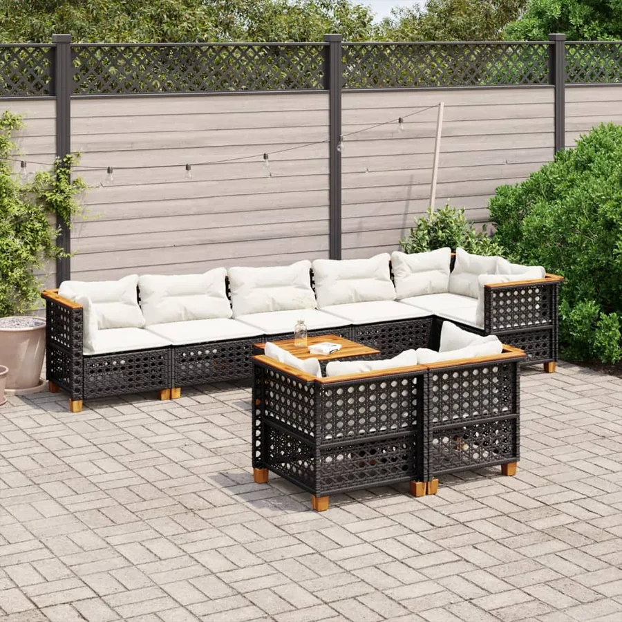 Salon de jardin 9 pcs avec coussins noir résine tressée