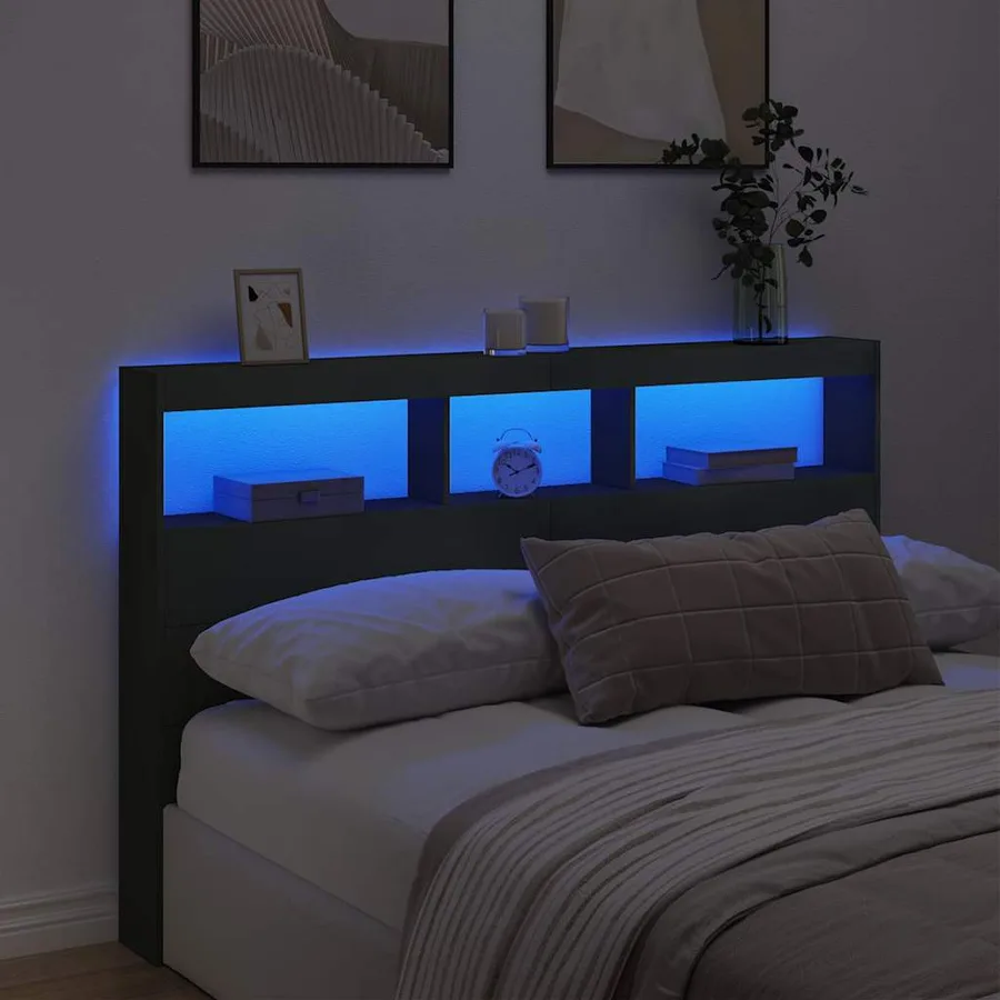 Armoire tête de lit avec LED noir 160x17x102 cm - 4