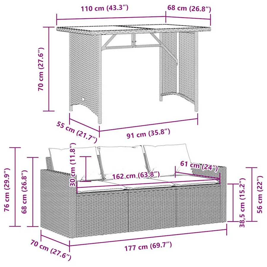 Ensemble à manger de jardin avec coussins 2 pcs marron rotin - 11
