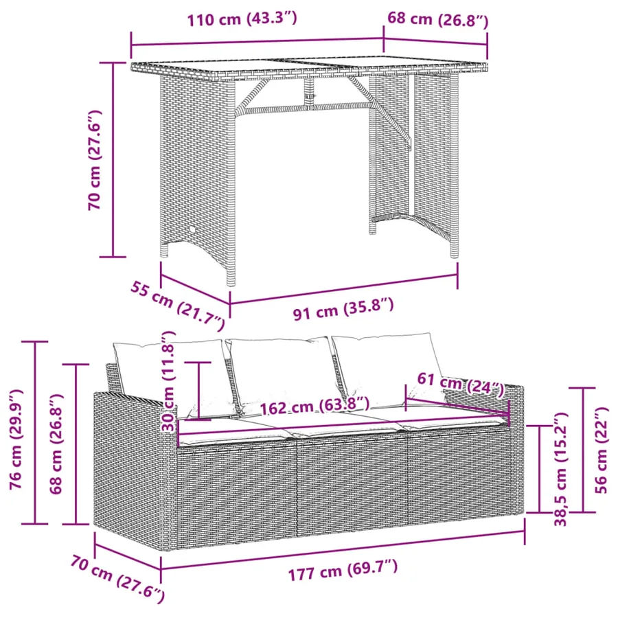 Ensemble à manger de jardin et coussins 2 pcs beige poly rotin - 11